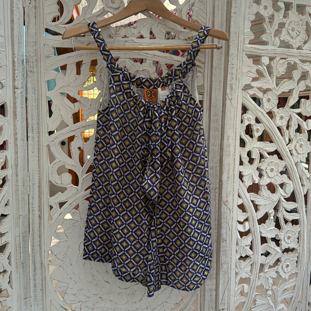 Tory Burch Geometric Silk Tank Blouse–Navy/White/Yellow Diamond Print–Size Small
